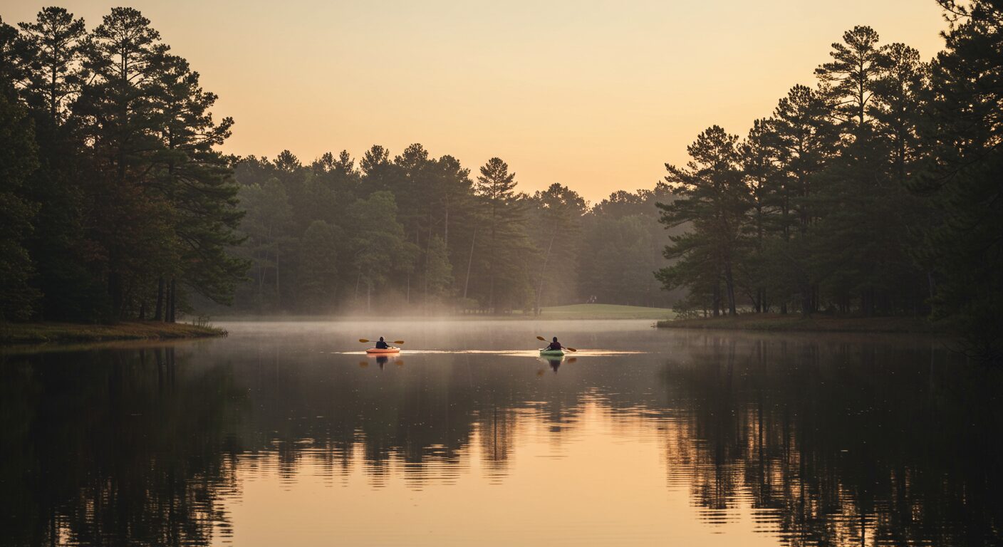 people kayaking on a lake at sunset
